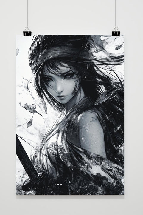 Woman Samurai Zwart-Wit Warrior poster