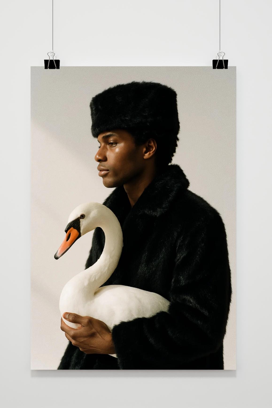 Man Swan Fashion Fur Coat in interieur
