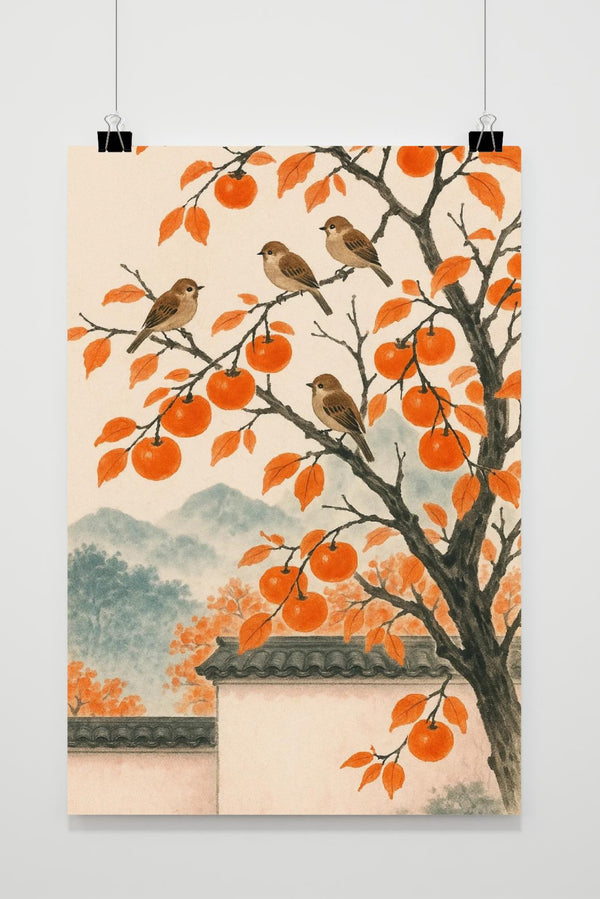 Birds Persimmon Autumn Poster
