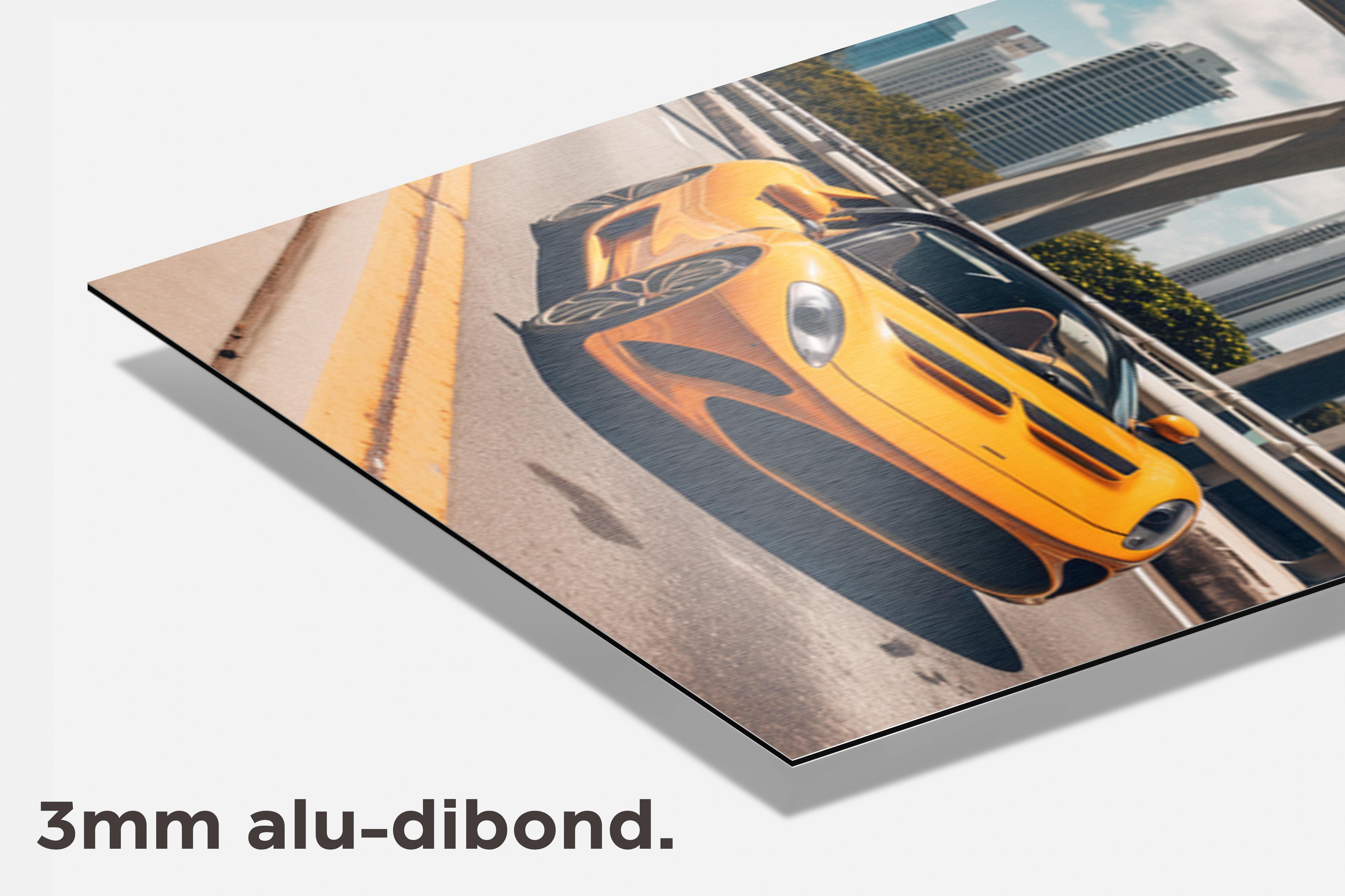 Gele Sportauto dibond detail