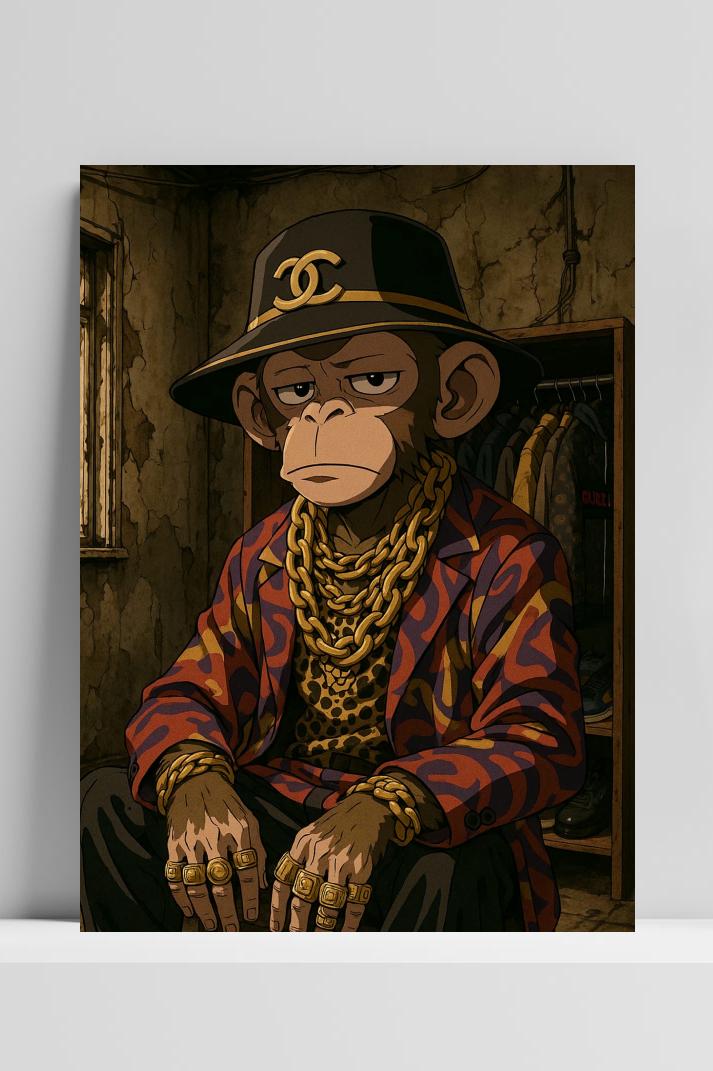 Monkey Chanel Cartoon op 3mm aluminium dibond