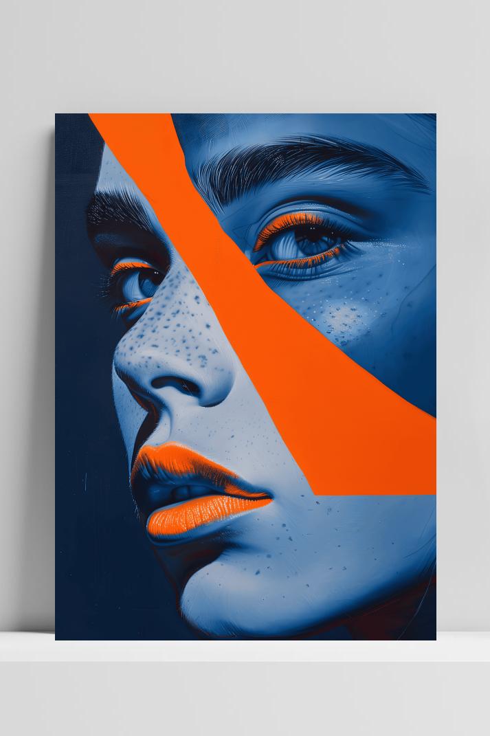 Blauw Oranje Portret op 3mm aluminium dibond