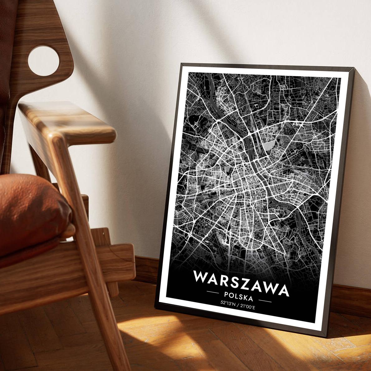 Warszawa Map Polska Black poster sfeerbeeld 1