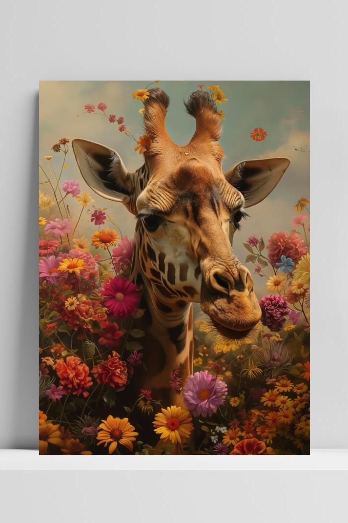 Giraffe in Bloemen op 3mm aluminium dibond