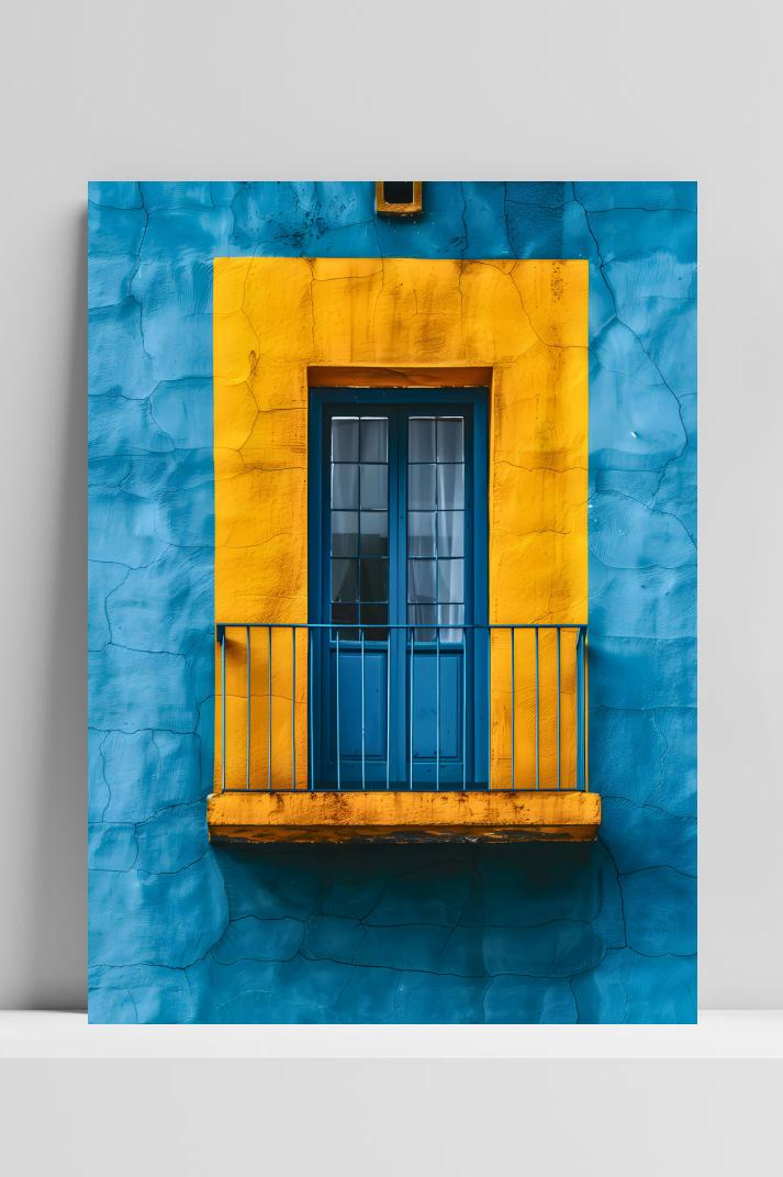 Balkon Blauw Geel op 3mm aluminium dibond