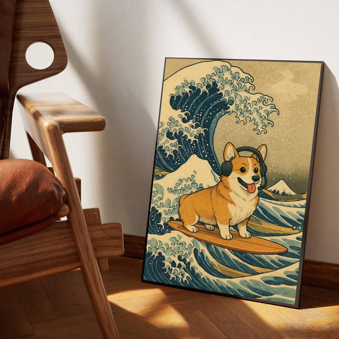 Corgi Surf Wave Hokusai Geïnspireerd poster sfeerbeeld 1