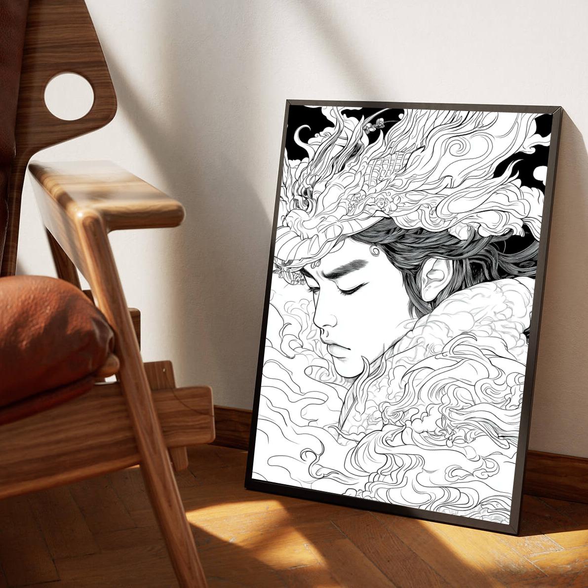 Asian Line Art Zwart-Wit dans un intérieur