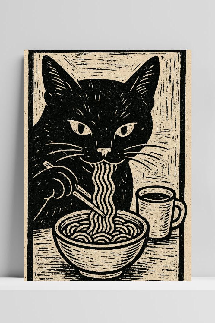 Cat Ramen Zwart-Wit en un interior