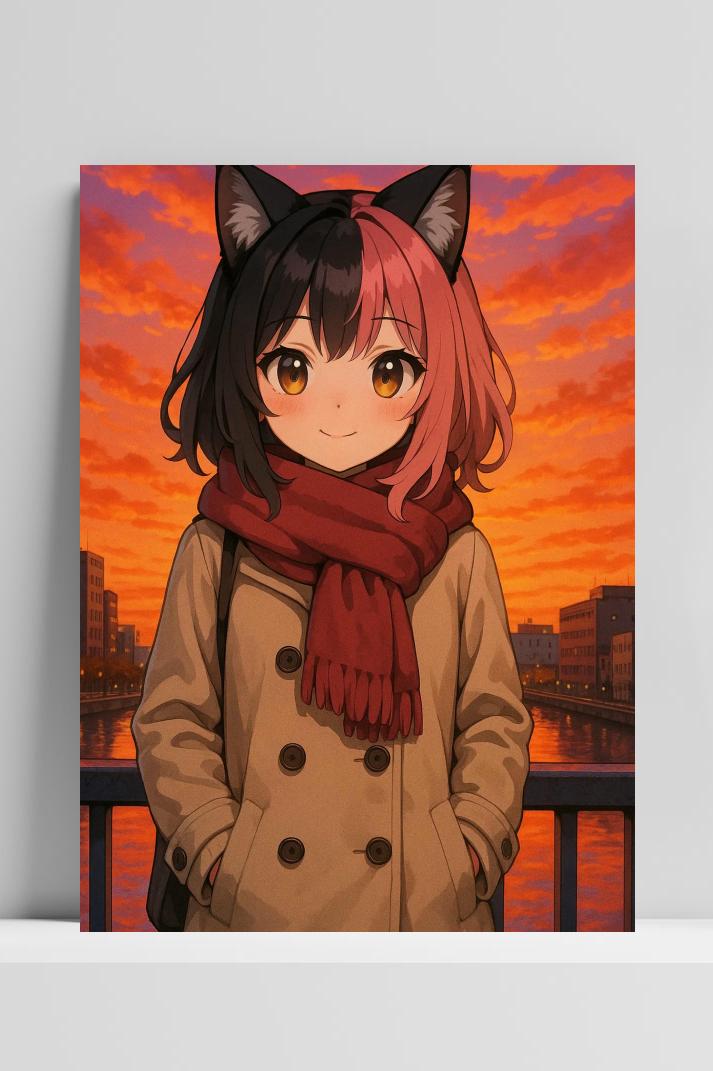 Anime Girl Cat op 3mm aluminium dibond