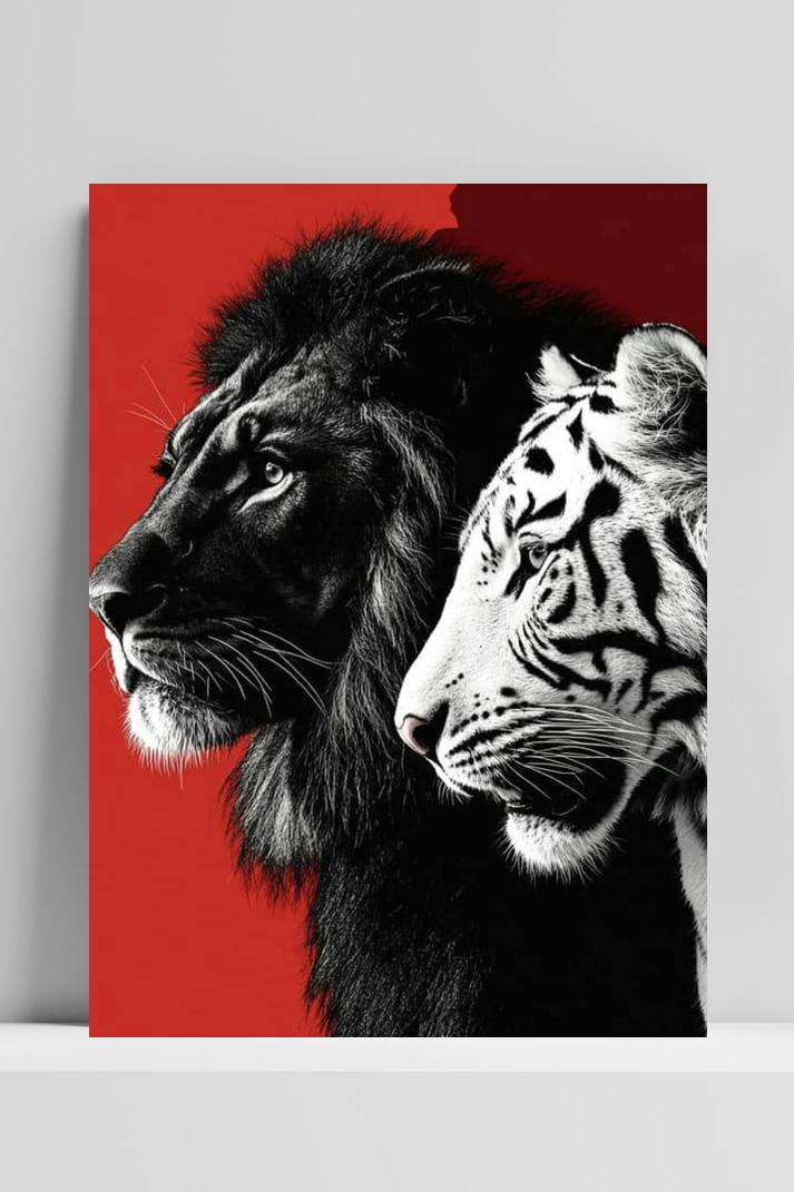 Leeuw en Tijger op 3mm aluminium dibond