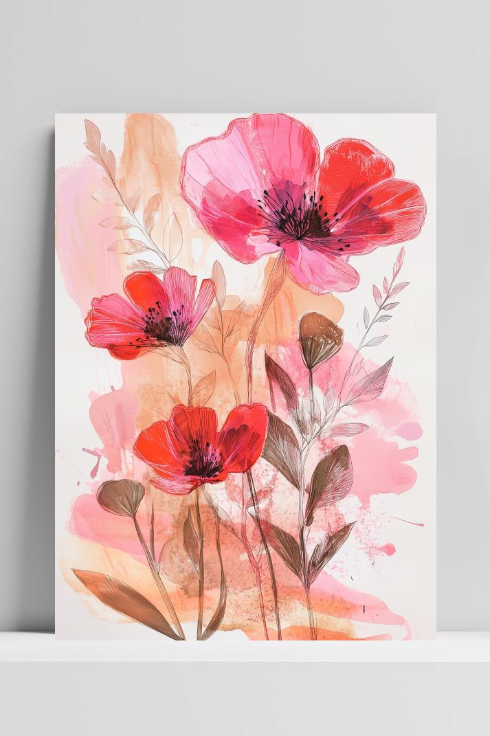 Poppy Flowers Aquarel op 3mm aluminium dibond