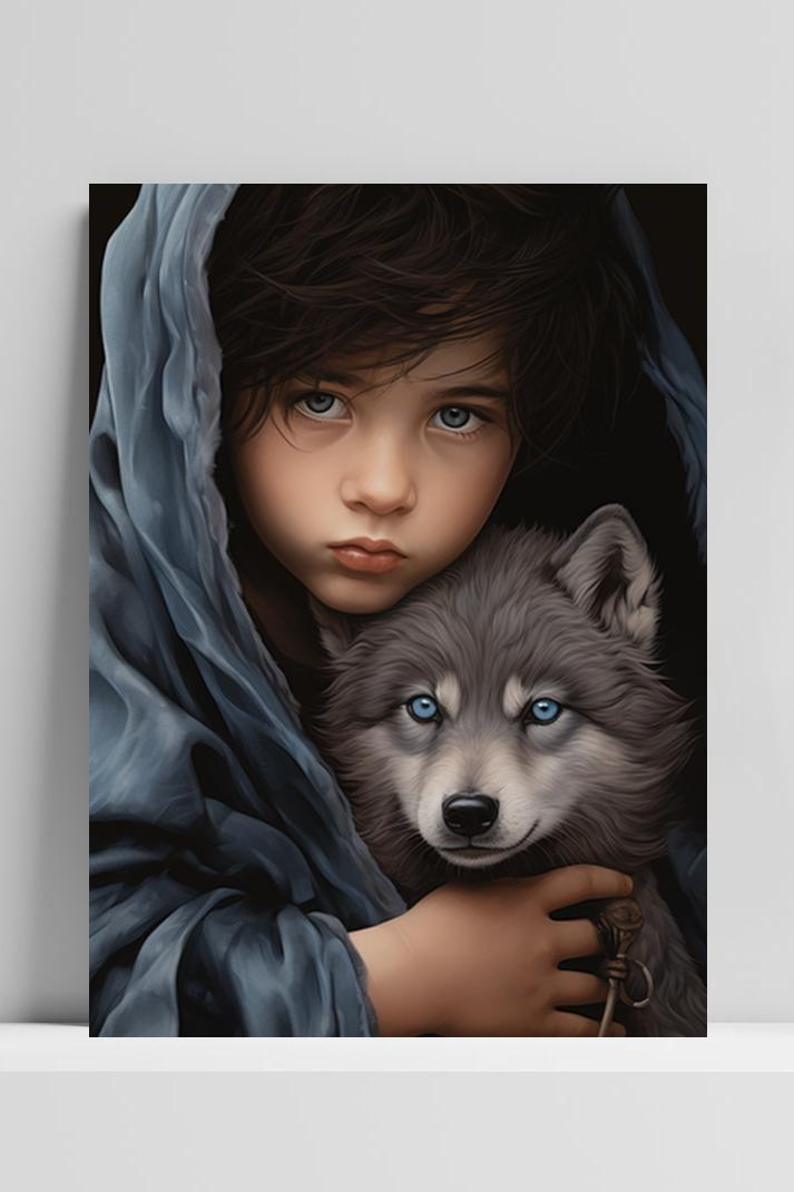 Jongen met Hond op 3mm aluminium dibond
