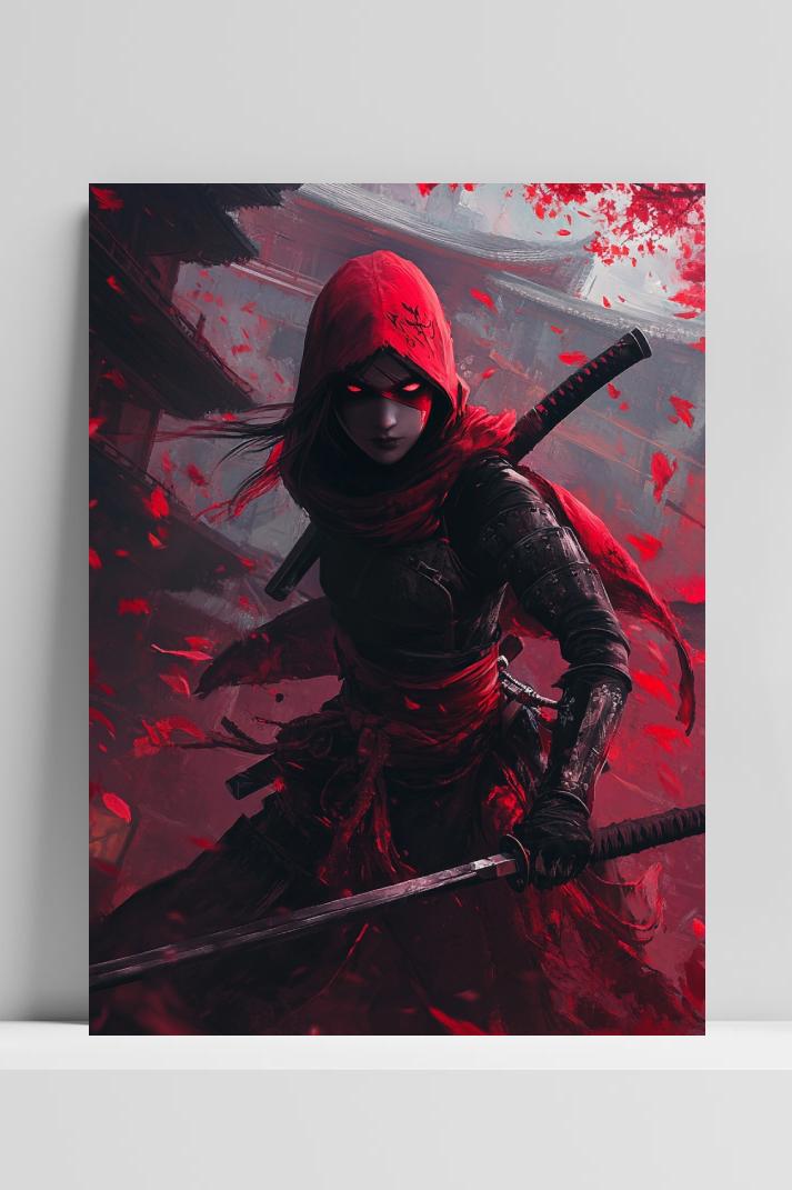 Red Ninja Woman Sword Samurai in interieur