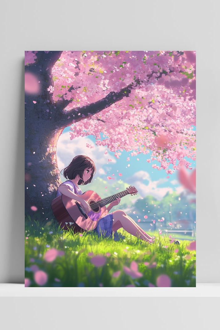 Anime Girl Guitar Cherry Blossom op 3mm aluminium dibond