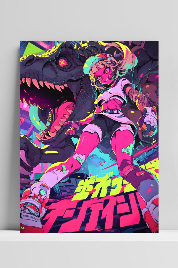 Anime Meisje Dinosaurus op 3mm aluminium dibond