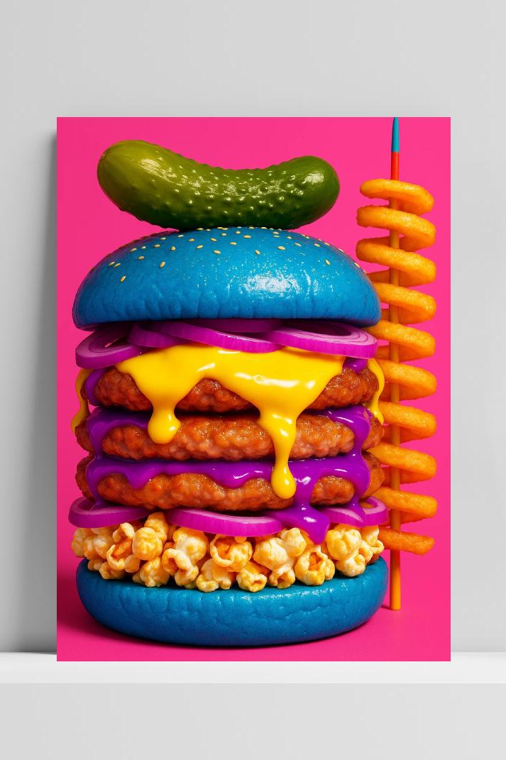 Burger Popcorn Cucumber Cheese Colorful in interieur