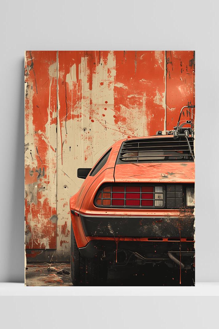 Vintage Delorean op 3mm aluminium dibond