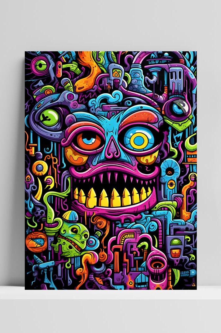 Neon Trip Monster op 3mm aluminium dibond