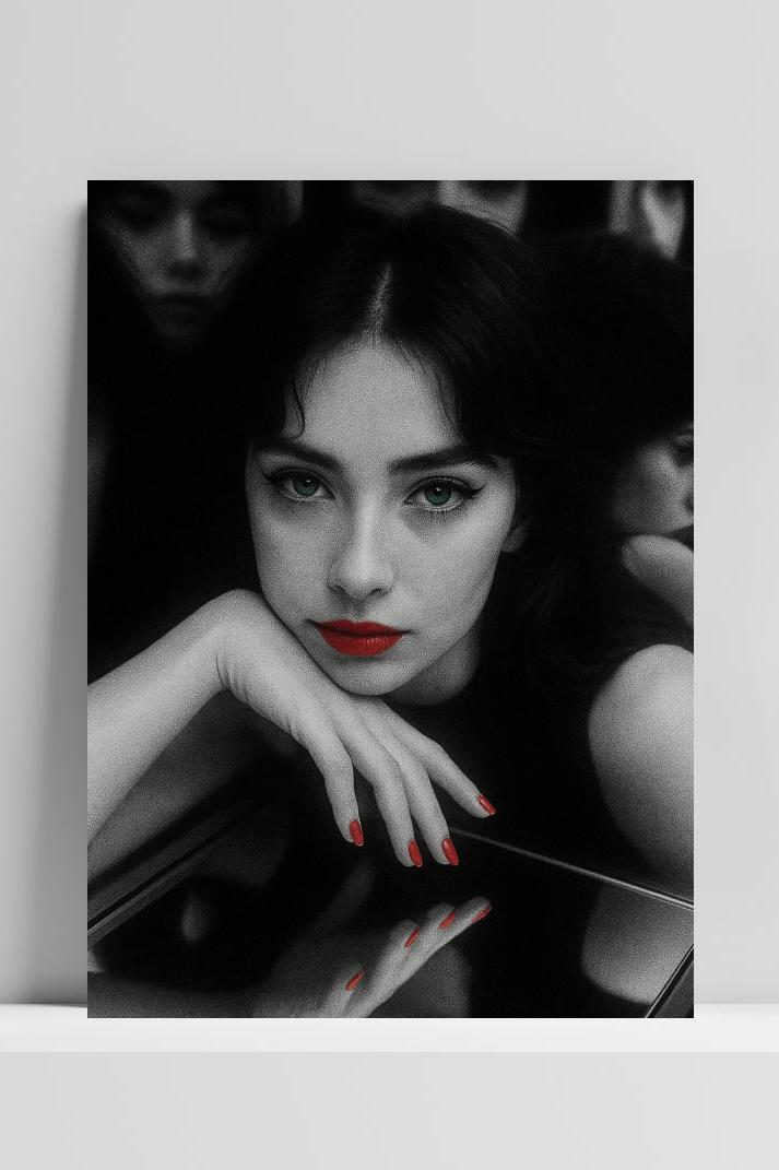 Woman Red Lips Portrait op 3mm aluminium dibond