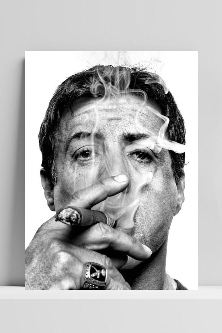Sylvester Stallone Zwart Wit op 3mm aluminium dibond