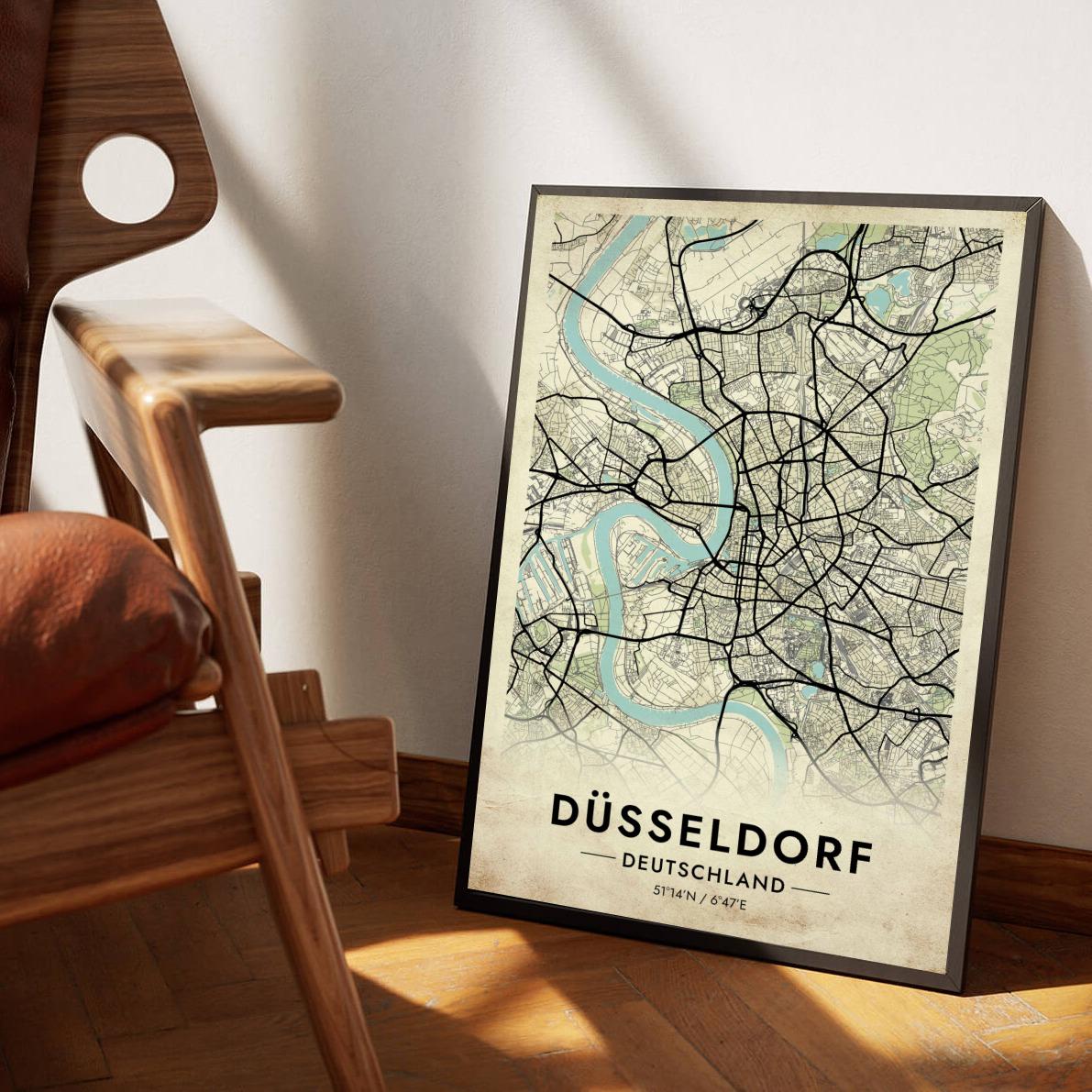Düsseldorf Map Deutschland Vintage poster sfeerbeeld 1