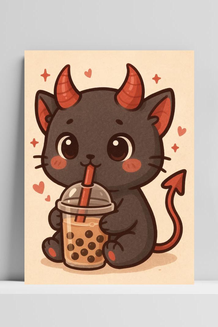 Devil Cat Bubble Tea Cartoon op 3mm aluminium dibond