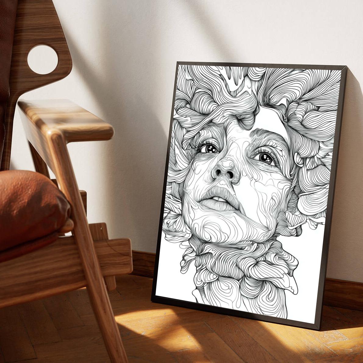 Portrait Line Art Zwart-Wit dans un intérieur
