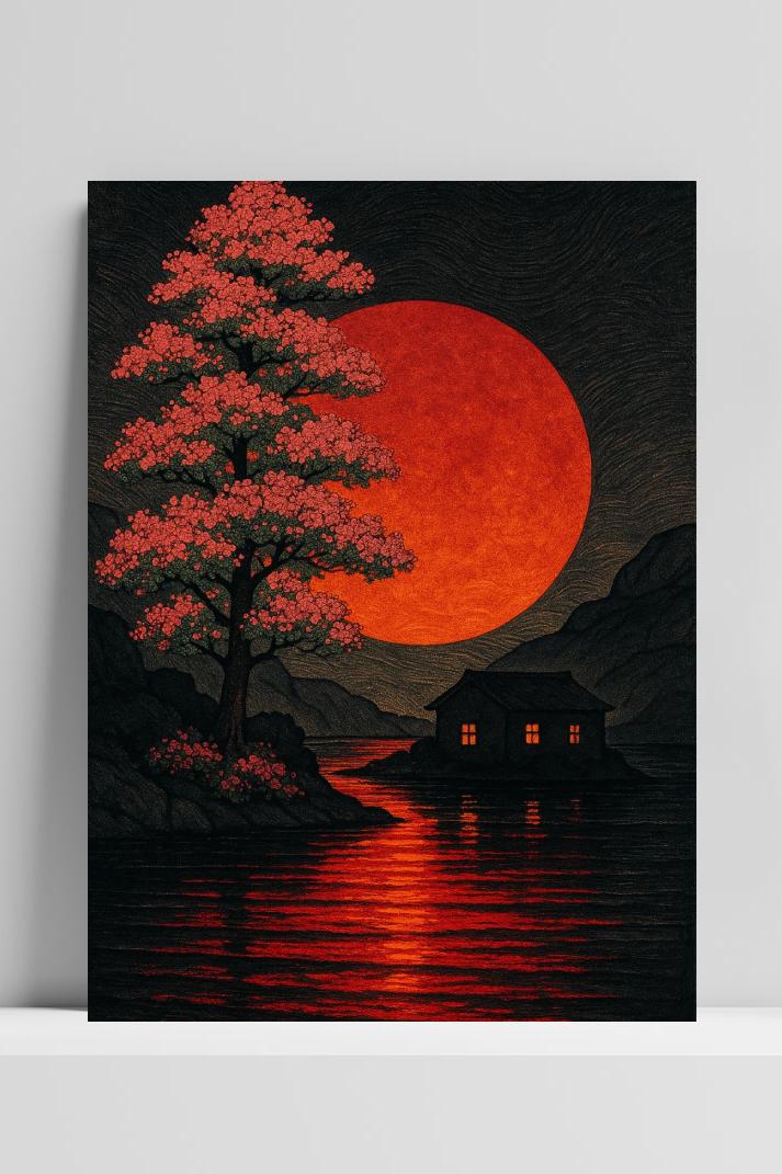 Red Moon Japanese Art op 3mm aluminium dibond