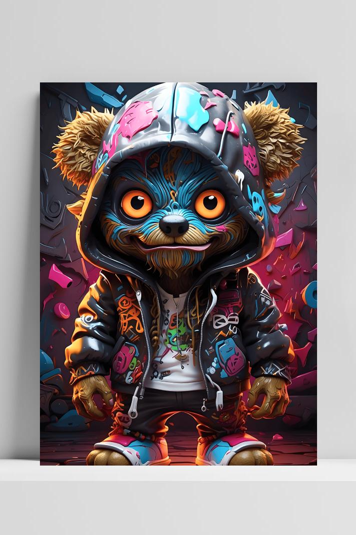 Neon Teddy Cartoon op 3mm aluminium dibond