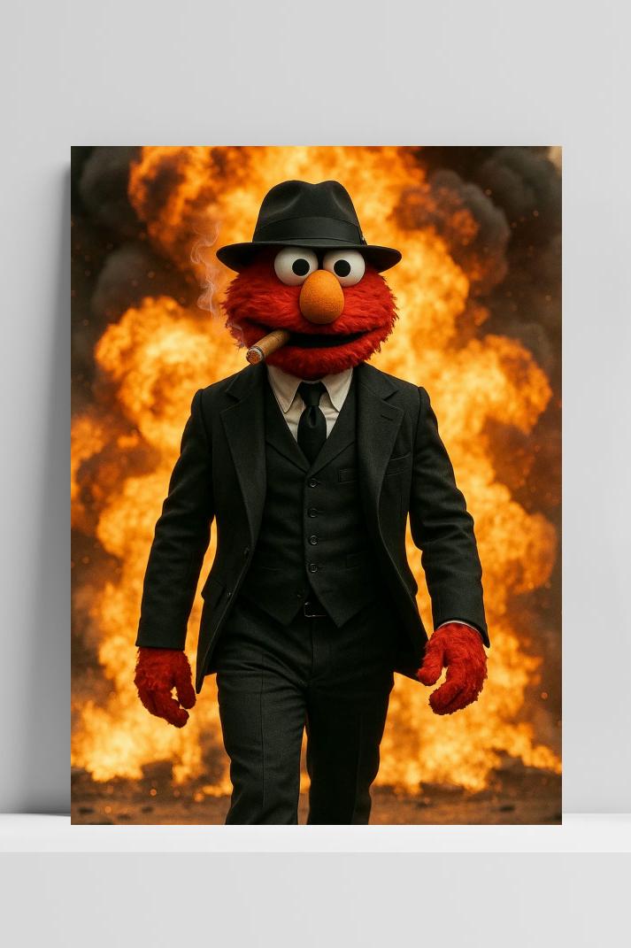 Elmo Suit Action op 3mm aluminium dibond