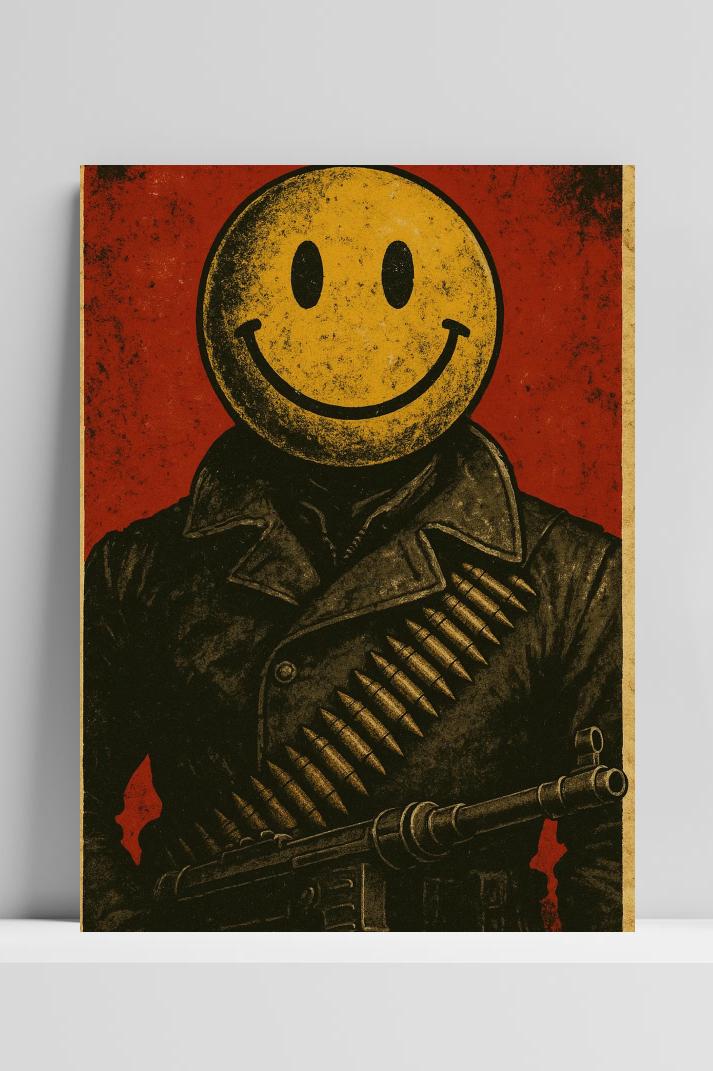 Smiley Bullet Gun op 3mm aluminium dibond