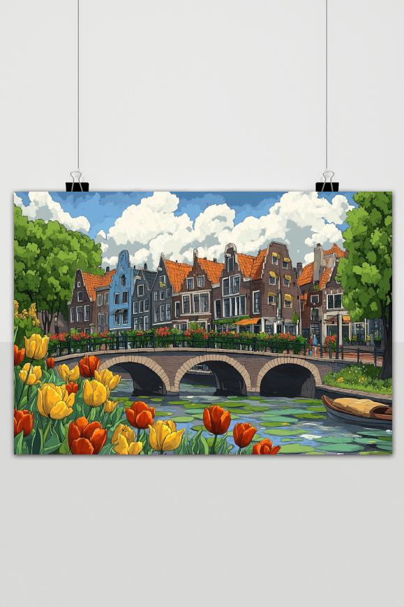 Affiche Dutch Canal Amsterdam Tulips de 25 Artstreet