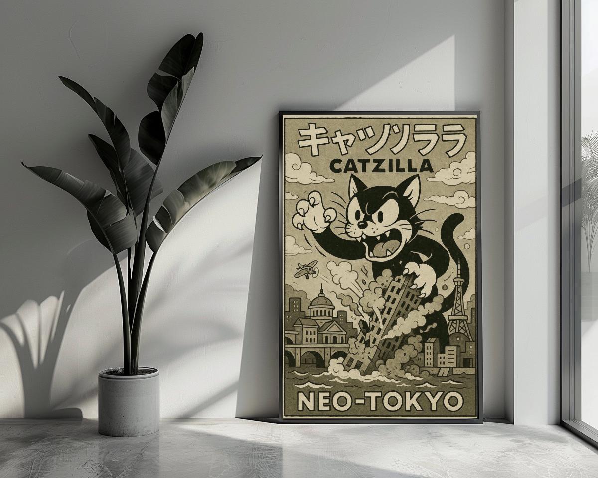 Catzilla B&W Text poster van 25 Artstreet