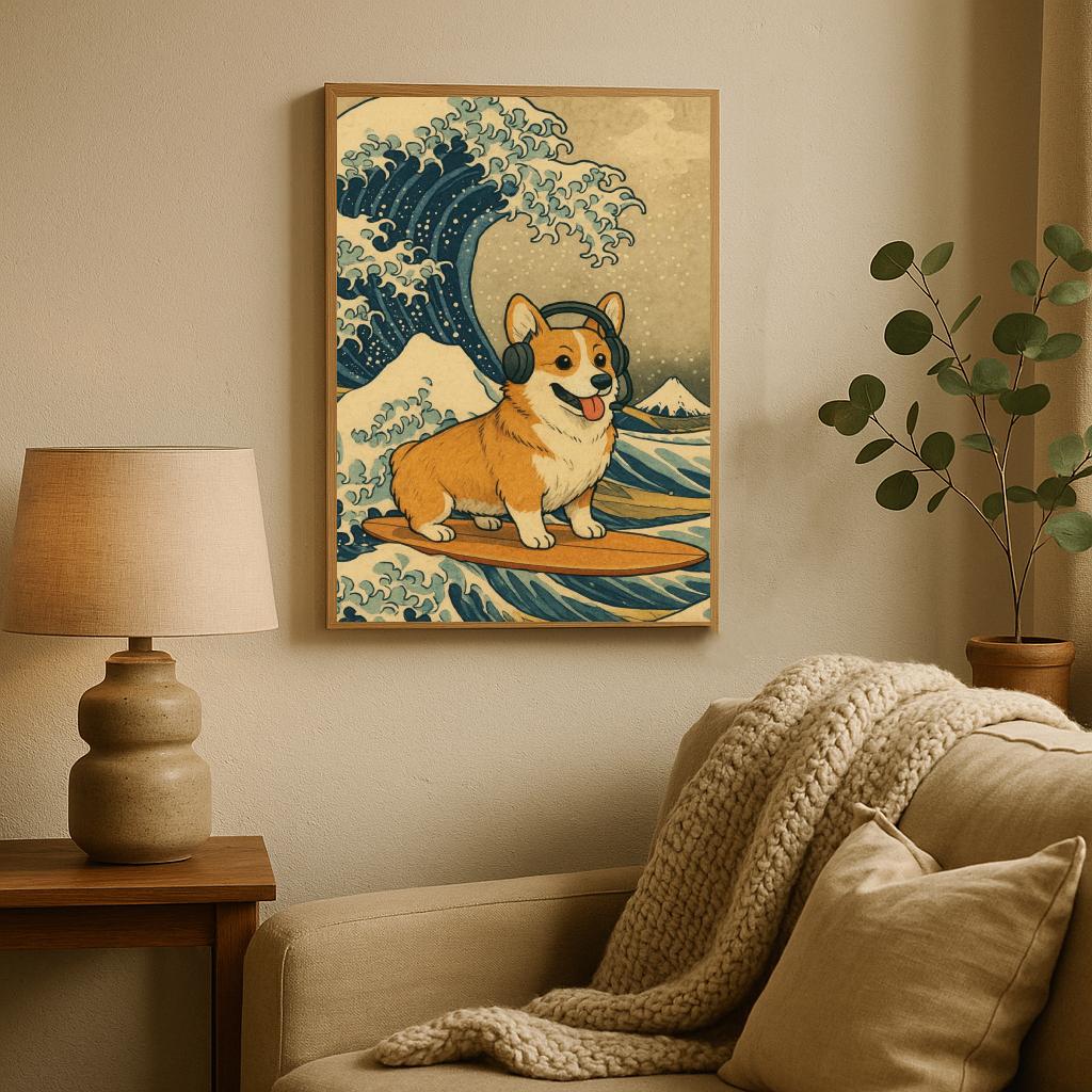 Corgi Surf Wave Hokusai Geïnspireerd poster sfeerbeeld 2