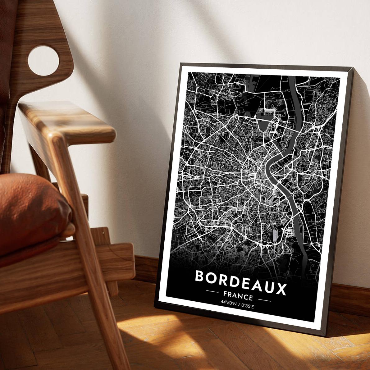 Bordeaux Map France Black poster sfeerbeeld 1