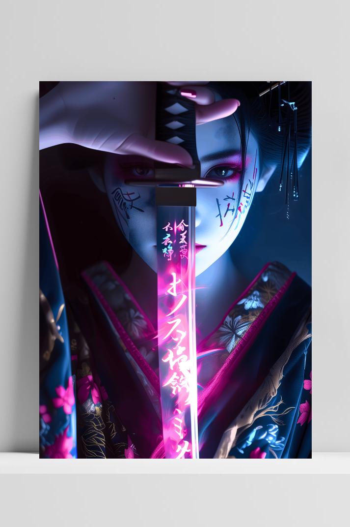 Neonzwaardgeisha op 3mm aluminium dibond