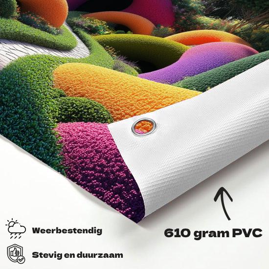 Tuinposter Fantasie Tuin materiaal-detail: 610 grams weerbestendig PVC-doek