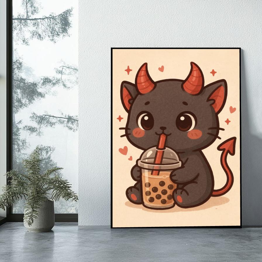 Devil Cat Bubble Tea Cartoon poster sfeerbeeld 1