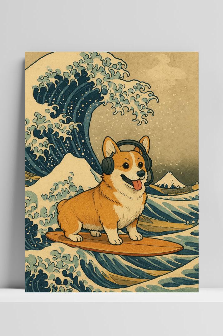 Corgi Surf Wave Hokusai Geïnspireerd op 3mm aluminium dibond