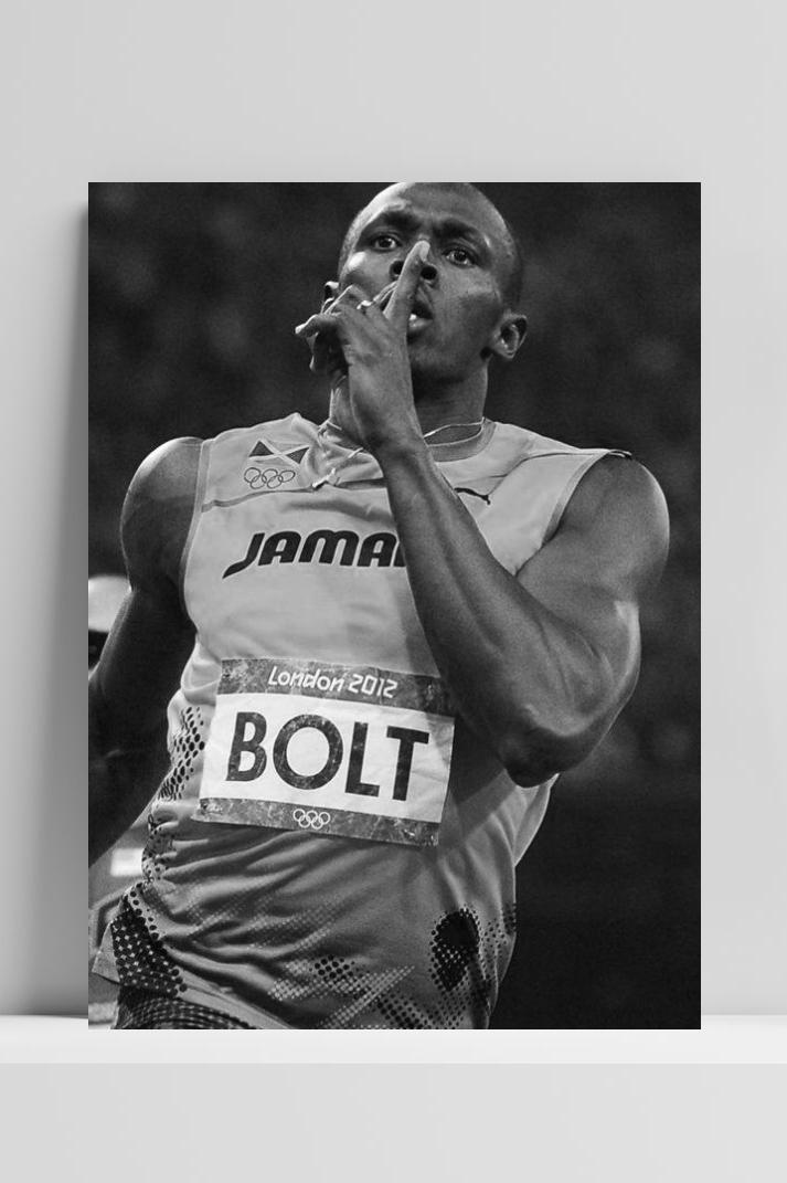 Usain Bolt Zwart Wit op 3mm aluminium dibond