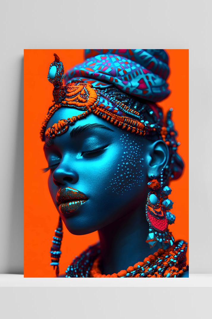 Blauw Oranje Portret op 3mm aluminium dibond