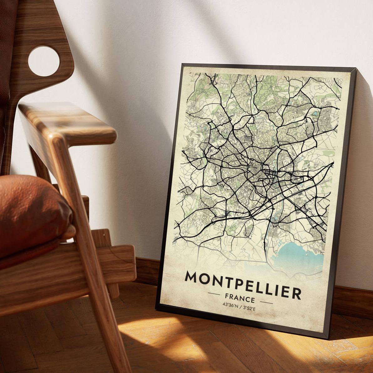 Montpellier Map France Vintage poster sfeerbeeld 1