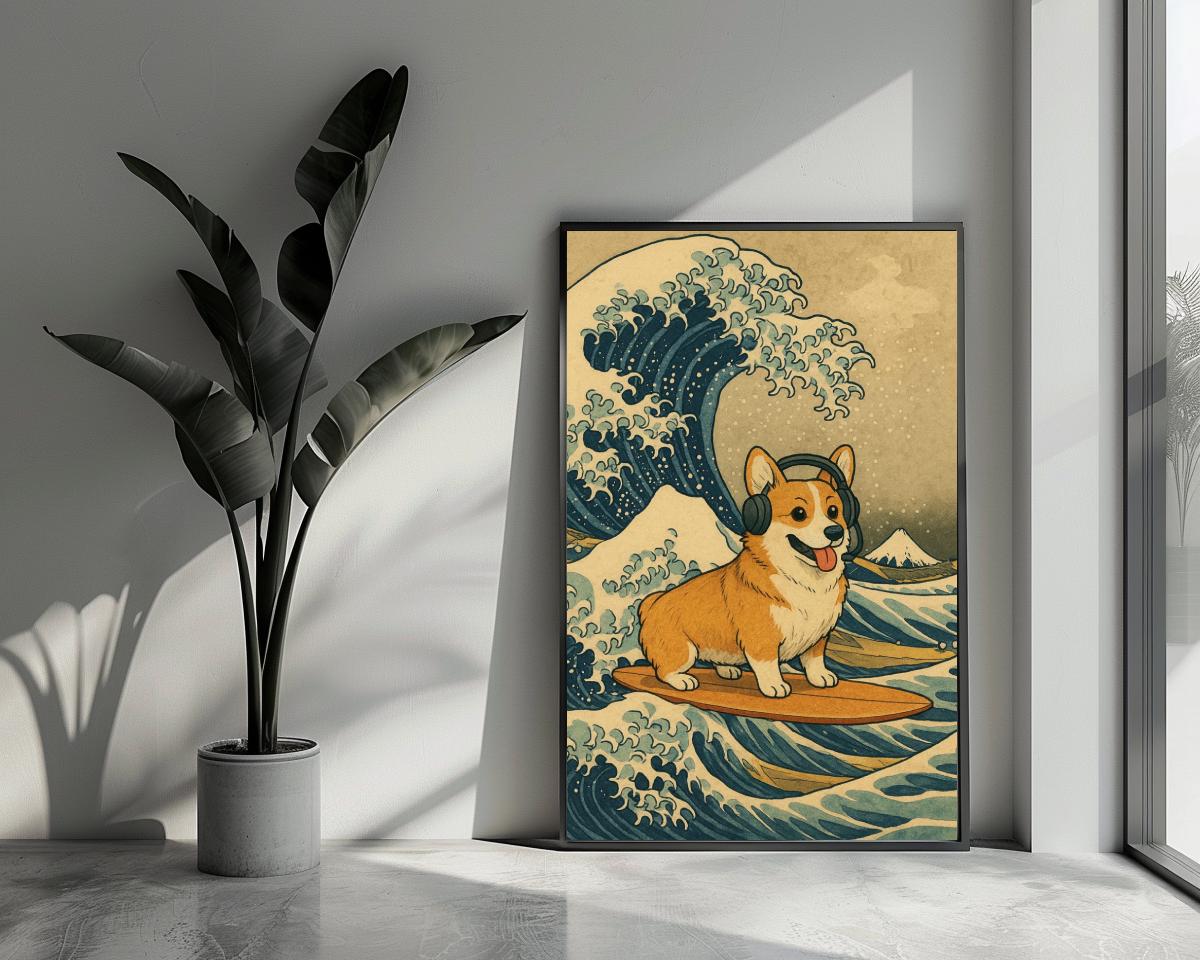 Corgi Surf Wave Hokusai Geïnspireerd poster van 25 Artstreet