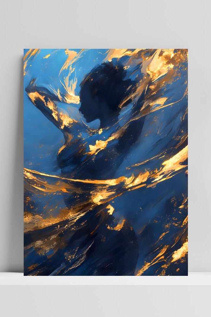 Blauw Gouden Vrouw op 3mm aluminium dibond