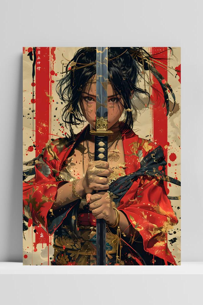Vrouwelijke Samurai op 3mm aluminium dibond