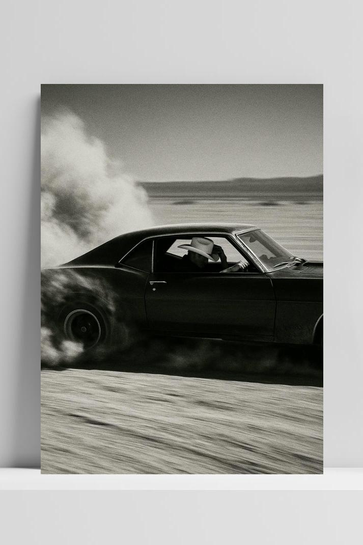 Cowboy Car B&W op 3mm aluminium dibond