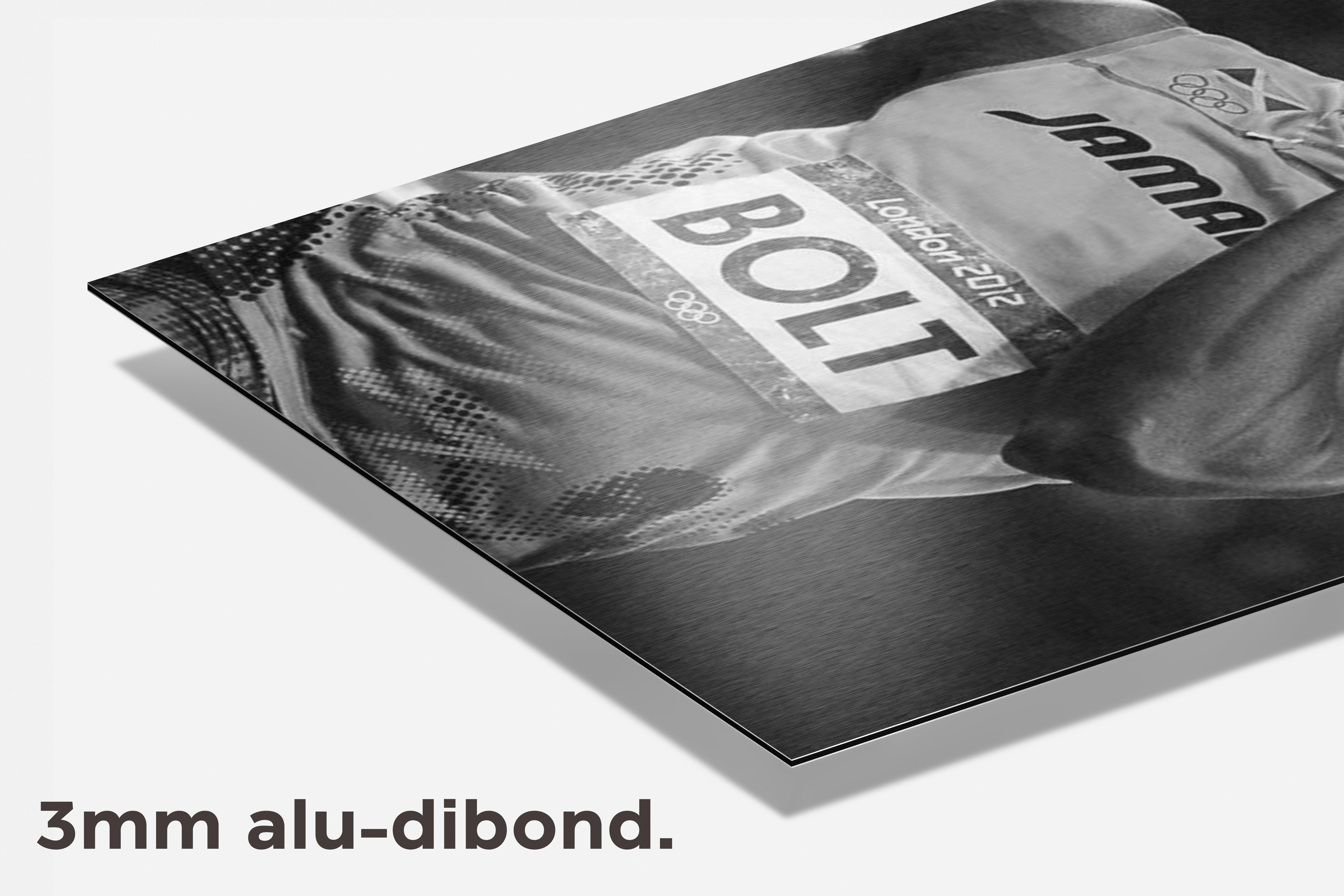 Usain Bolt Zwart Wit dibond detail