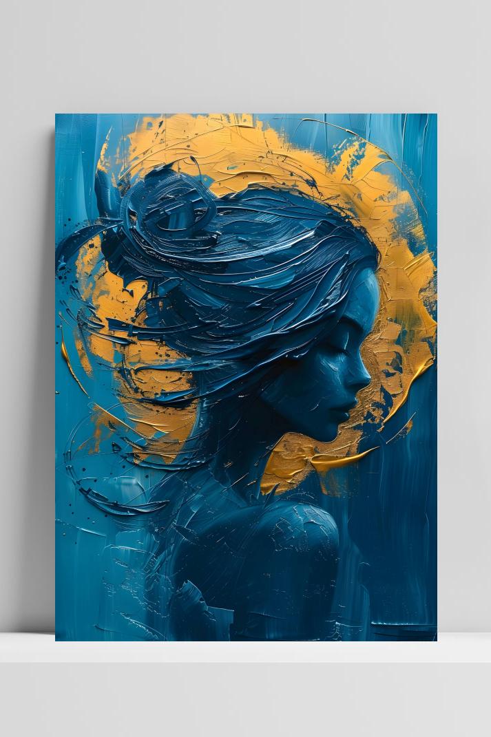 Gouden Blauwe Vrouw op 3mm aluminium dibond