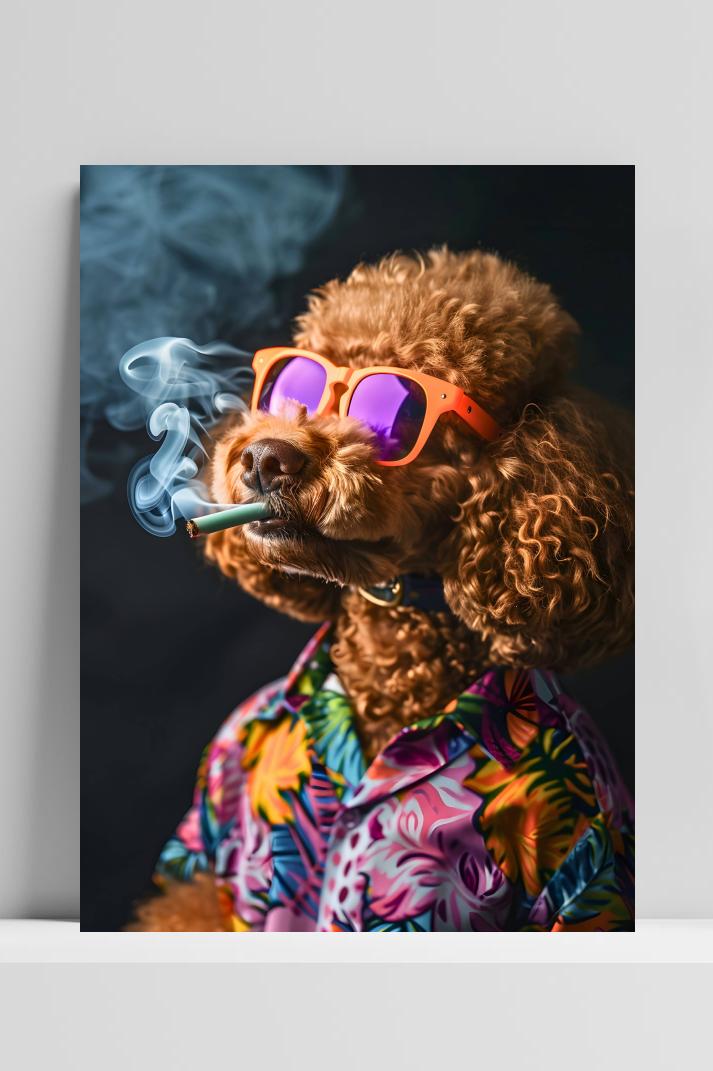 Rokende Hond op 3mm aluminium dibond