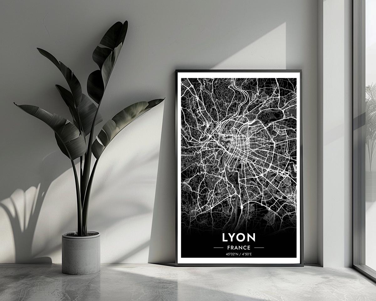 Lyon Map France Black poster van 25 Artstreet